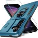 Janmitta Compatible with Samsung Galaxy S24/S25 Case Built in Slide Camera Lens Cover+Screen Protector+Ring Holder,Heavy Duty Shockproof Full Body Phone Cover,2025 Blue (for Samsung S24/S25, y Blue)
