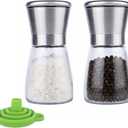 NAZANIN Salt and Pepper Mill Set (2 Pack) - Refillable Glass Bottles with Stainless Steel Grinders - Adjustable Ceramic Coarseness, 5oz, Includes Green Filling Funnel