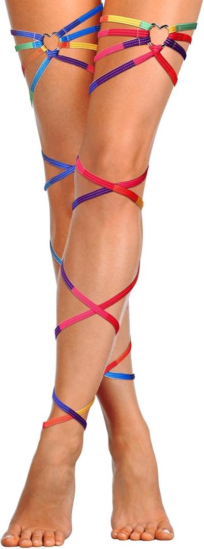 Xuhal 2 Pcs Rainbow Leg Wraps with Heart Ring Pride Outfits for Women Ring Garters Thing Wraps Gay Flag Pride Parade LGBTQ Rave Outfits Rave Leg Accessories