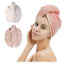 2 Pack Microfiber Hair Towel Wrap,Hair Drying Towel with Button, Towel Turban,Head Towel to Dry Hair Quickly (Pink&Beige)