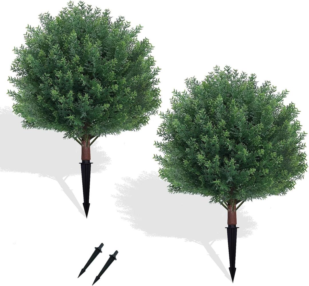 Set of 2 Artificial Cypress Topiary Ball Trees - 24’’ Fake Outdoor Pine Bushes with Ground Spike, Indoor Realistic Faux Plants for Home Garden Front Porch Decor