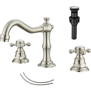 GGStudy 2 Handles 3 Holes Faucet Widespread Bathroom Sink Faucet Brushed Nickel Basin Tap Mixer Faucet Matching Pop Up Drain