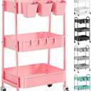 3 Tier Metal Rolling Cart with Lockable Wheels and Handle, Three Tiered Pink Trolley Cart on Wheels, Utility Storage Organizer for Bathroom, Kitchen, Teachers, Art, Crafts, Baby Diaper, Snack, Nail