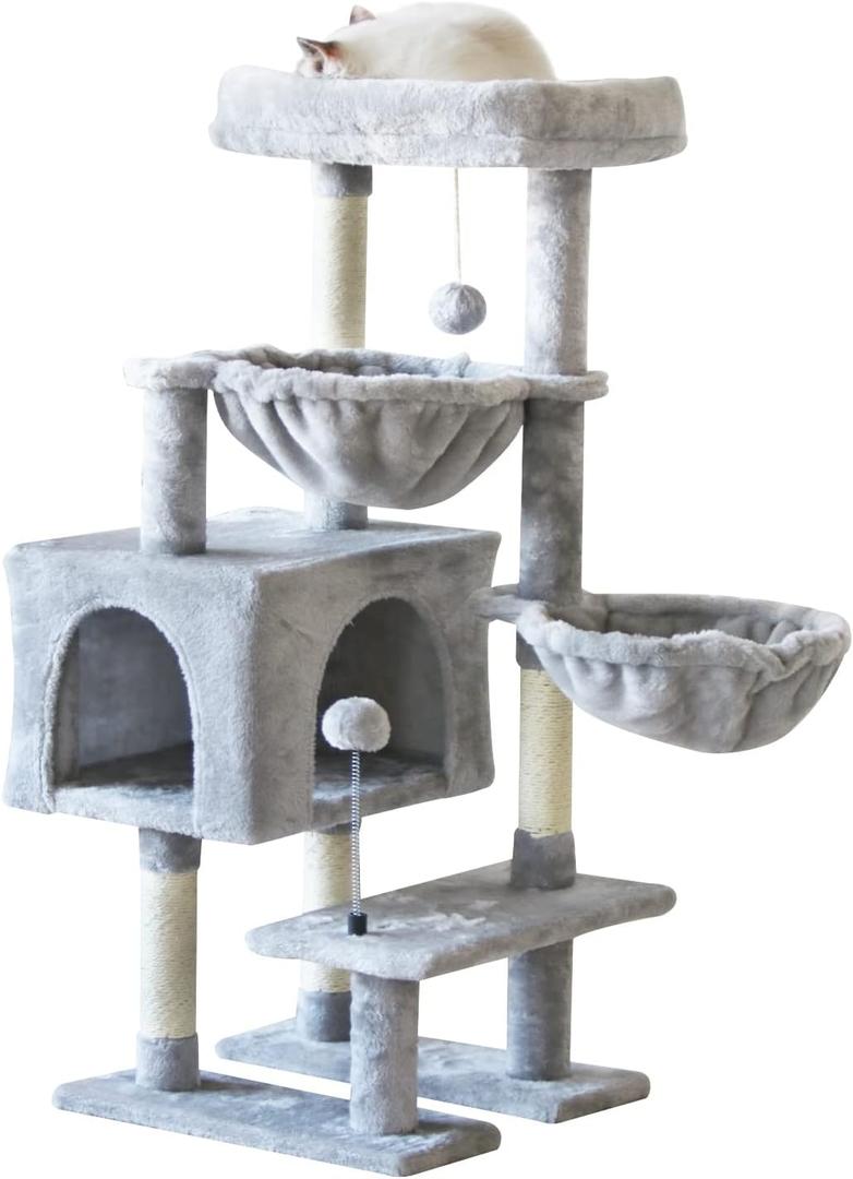 KIYUMI Cat Tree Cat Tower Condo with Sisal Scratching Post for Indoor Cats Cat Tree Cat Furniture with Hammock Perch and Kitten Ball Toys, Multi-Level Pet Activity Center Grey (39")