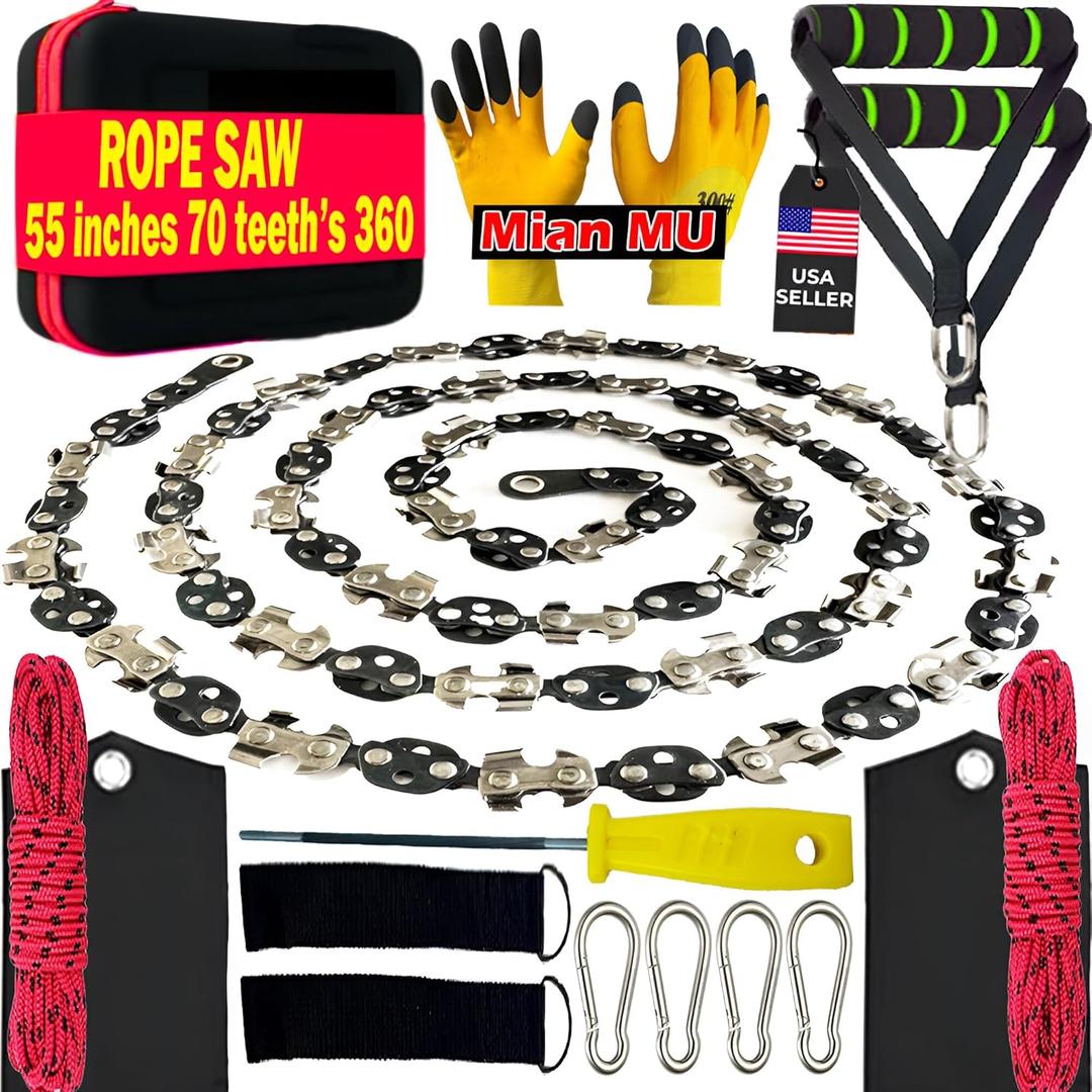 55 Inch High Limb Rope Saw with 70 Sharp Teeth, Effortless 360 Arborist Tree Limb Cutter  Dual Sided Chain Cutting Tool for High Branches, Pocket Wire Chain for Outdoor Adventures with Storage Box