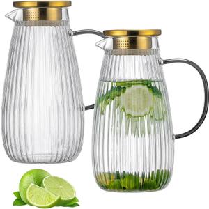 2 PACK Glass Pitcher with Lid and Spout,68 oz/2 Liter Vertical Stripes Water Pitcher for Fridge, Clear Borosilicate Glass Water Carafe for Cold Brew, Coffee, Lemonade, Sun Tea,Heat Resistant (2L- New Design)