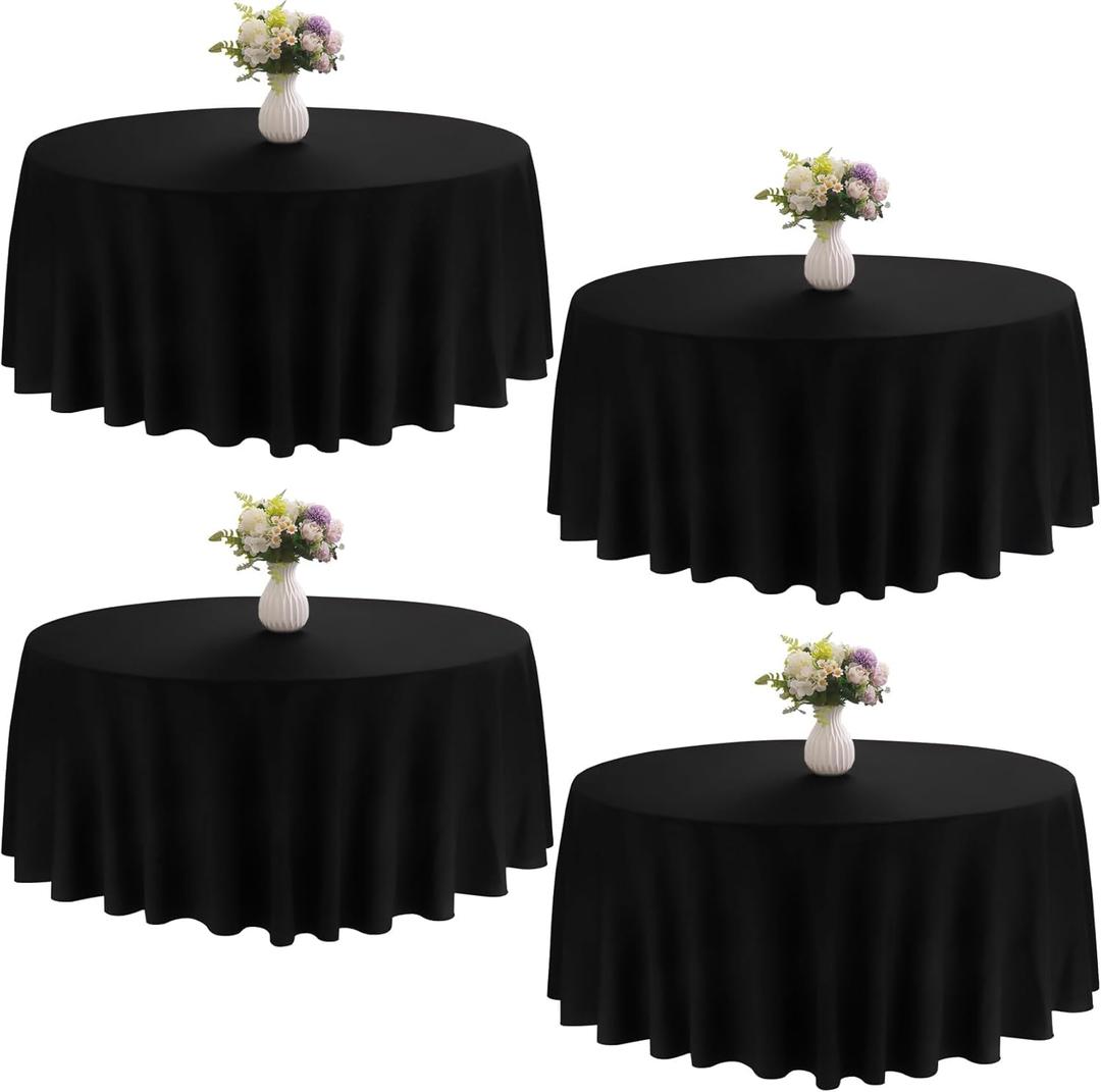 4 Pack Round Tablecloth 120 Inch Black Polyester Washable Fabric Table Covers for Wedding Dining Table Buffet Parties Banquet Decor