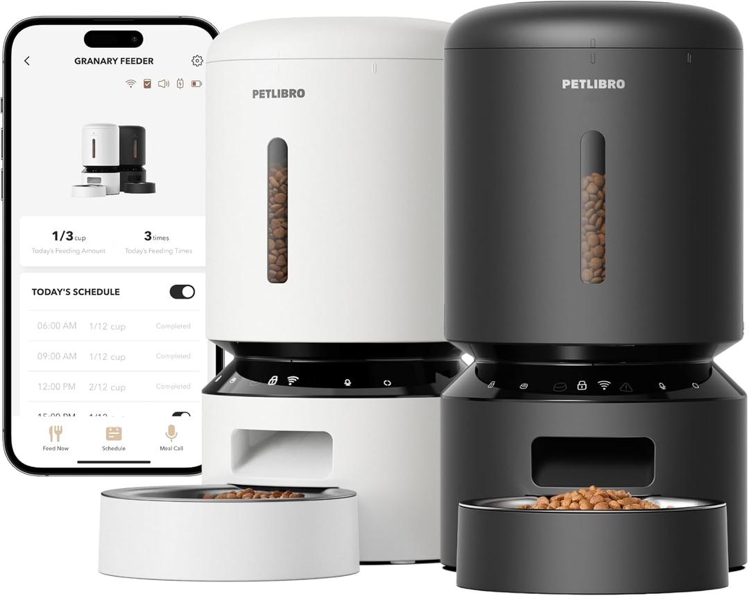 Bundle of PETLIBRO Automatic Cat Feeder, 5G WiFi Automatic Dog Food Dispenser with Freshness Preservation, 5L Timed Pet Feeder with Low Food Sensor, Up to 10 Meals Per Day, Granary Black & White