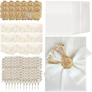 50 Sets Wedding invitations With Gold Wax Seal Stickers Folded 5X7 Vellum Jackets Card Birthday Thanks transparent Cards dried flower gauze Ribbons (White, 50Set)