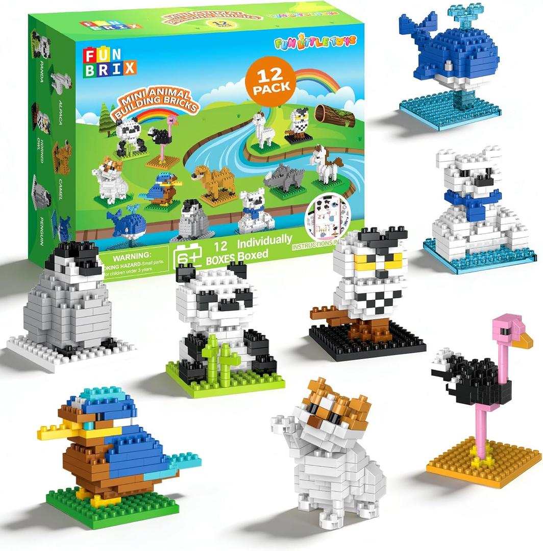 Mini Animal Building Blocks 12 Pack, No Duplicates, Individually Boxed with Instructions, Party Favors for Kids 6-12, Classroom Prizes & Prize Box Rewards, Goodie Bag Stuffers, Easter Egg Fillers