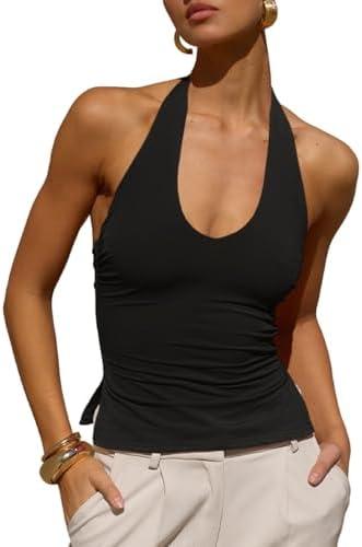 Tankaneo Women's Sexy Scoop Neck Halter Tops Backless Ruched Knit Tank Tops Summer Sleeveless Fitted Going Out Shirts, L