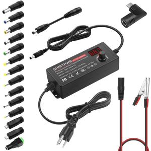 SHNITPWR 72W universal Power Supply Adjustable DC 3V ~ 24V 3A AC/DC Adapter with USB C Charger PD 65W Upgraded 100V-240V AC to DC Converter Variable Power Adapter, 14 Tips, Alligator Clips Power Cable (Pro)