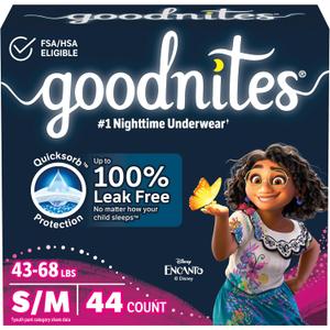 Goodnites Nighttime Bedwetting Underwear, Girls' S/M (43-68 lb.), 44 Ct (Small/Medium)