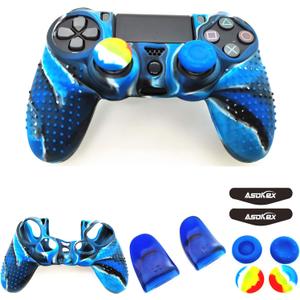 Silicone Skin Cover for Ps4 Controller (1pc Anti-Slip Case, 1 Pair L2 R2 Trigger Extender, 4pcs Thumb Grips,4pcs LED Light Bar Decal) Protector for DualShock PS4/ Slim/Pro Controller (Blue granular)