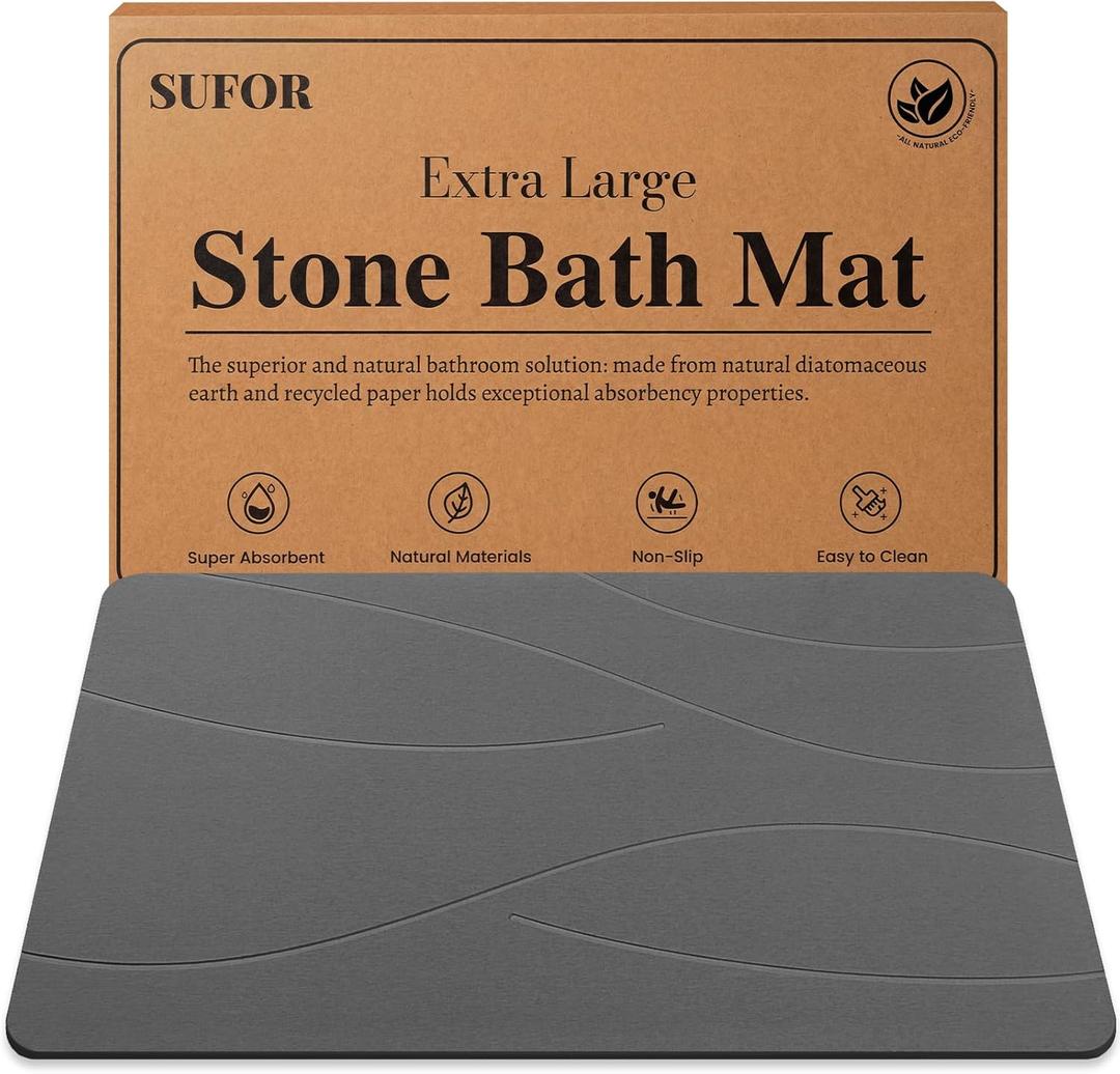 32"x20" Stone Bath Mat, Diatomaceous Earth Shower Mat, Non-Slip Super Absorbent Quick Drying Bathroom Floor Mat, Natural, Easy to Clean (Dark Grey)
