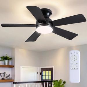 41 inch Ceiling Fans with Lights, Black Flush Mount Ceiling Fan with Remote, 3CCT, LED Dimmable, Reversible, 6 Fan Speeds, Quite Low Profile Ceiling Fan with Lights Modern Bedroom Kitchen Indoor