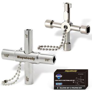 4-Way Sillcock Key, 2-Pack 40Cr Water Key, Multi-Functional & Utility Wrench, Shut Off Tool for 1/4", 9/32", 5/16", 11/32" Valve, Spigot & Electric Meter, Ideal for Home, Public & Commercial