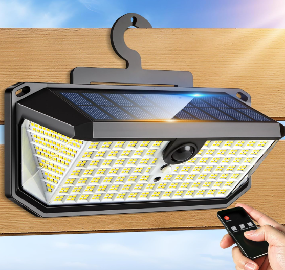 LUHLEE 526LEDs Solar Outdoor Lights Hanging on Fence 6000K Solar Motion Lights Outdoor with 270° Wide Angle,3 Modes and Remote Control, Hook Installation Solar Lights for Chain Link (2)