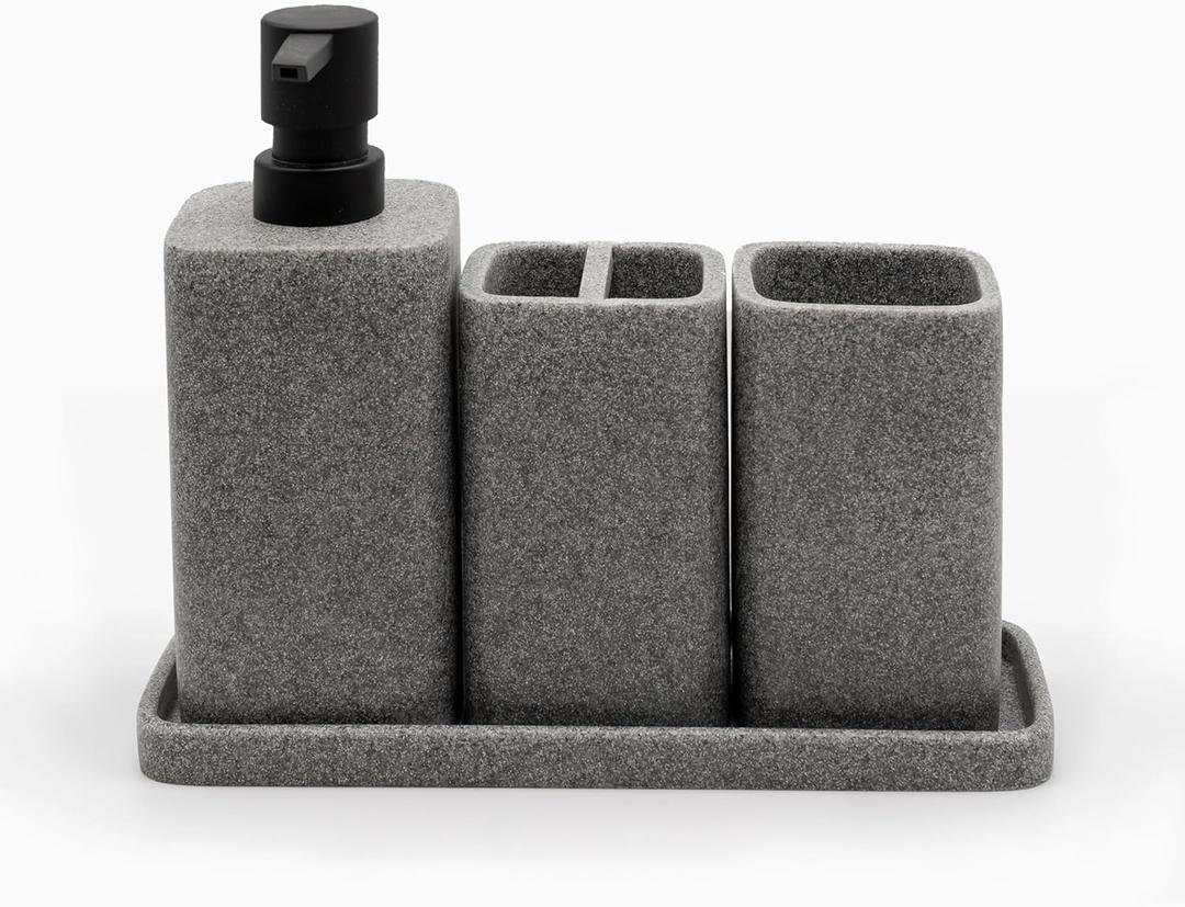 ZCCZ Grey Bathroom Accessory Sets, 4 Pieces Bathroom Accessories Complete Set Vanity Countertop Accessory Set, Includes Lotion Dispenser Soap Pump, Tumbler, Toothbrush Holder and Tray (Gray)