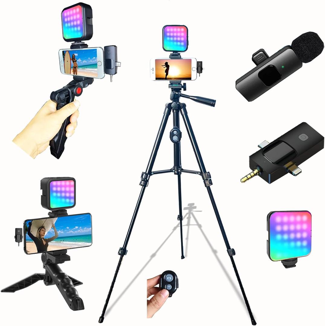 for iPhone Vlogging Kit, Vlogging Kit for Andriod Phone with Two Tripods RGB Light Lavalier Microphone Remote for YouTube Tiktok Content Creator