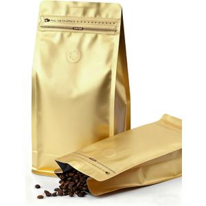 FireKylin 50 PCS Coffee Bags with Valve, (8 oz, 0.5 lb) Stand Up Pouches, Resealable coffee bean bags, Vented food storage bags Pull Tab Side Zipper(Gold)