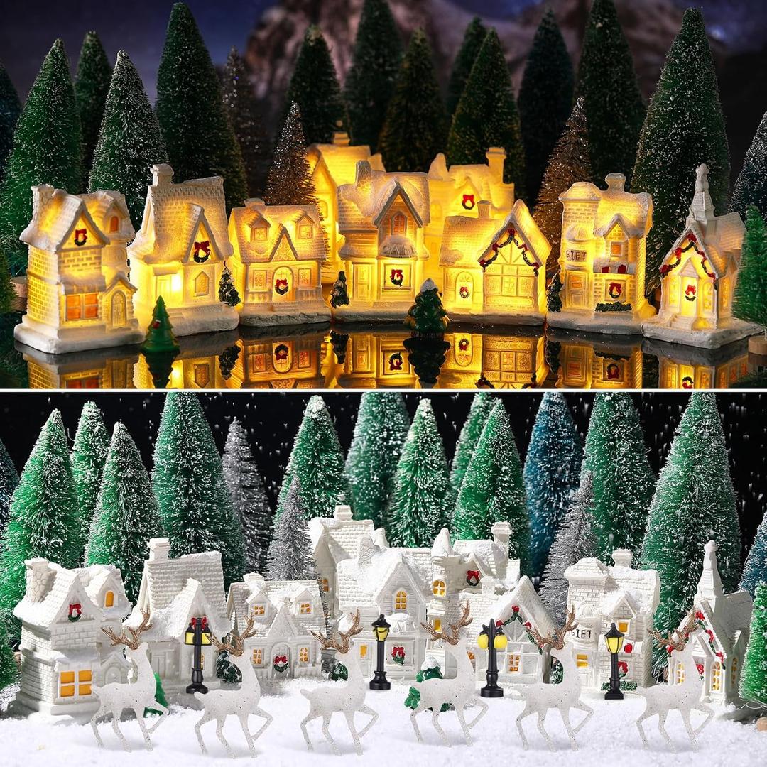 Kasyat 41 Pcs Christmas Village Set LED Lighted Christmas Village Accessories White Houses with Xmas Tree Deer Streetlight Figurines Crafts Town Scene