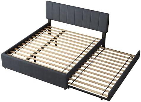 Queen Size Upholstered Platform Bed with Trundle and 1 Sets of USB, Linen Fabric Full and Twin Double Bed w/LED Lights with APP for Bedroom,Dark Gray