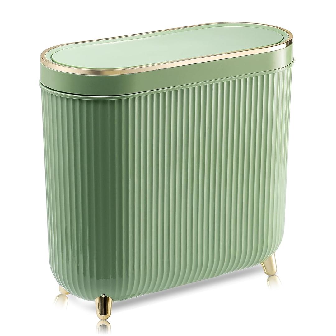 Bathroom Garbage Can with Lid 3.2 Gallon Narrow Garbage Can Small Plastic Garbage Bin 12 Liter with Press Type Lid for Bedroom Bathroom, Mint Green
