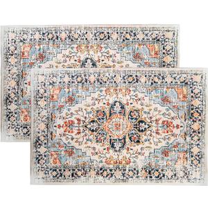 2 Pcs Area Rugs 18" x 30" Washable Non Slip Retro Floor Mat Area Rug Absorbent Entrance Rug Distressed Front Door Mat,Welcome Mats Entryway Rug Doormats for Kitchen (Orange)