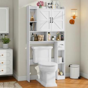 Vabches Over The Toilet Storage Cabinet, Farmhouse Storage Cabinet Over Toilet with 2 Barn Door & Toilet Paper Holder StandHome Space-Saving Toilet Rack, for Bathroom, Restroom, Laundry (White)