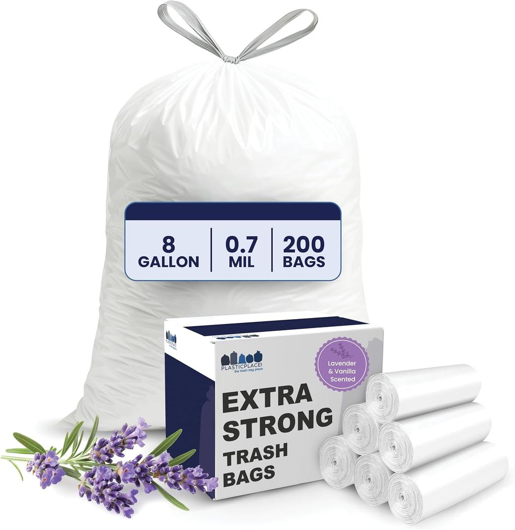 Plasticplace 8 Gallon Trash Bags │ 0.7 Mil │ Lavender and Soft Vanilla Scented Garbage Can Liners │ 22" x 22" (200 Count), White