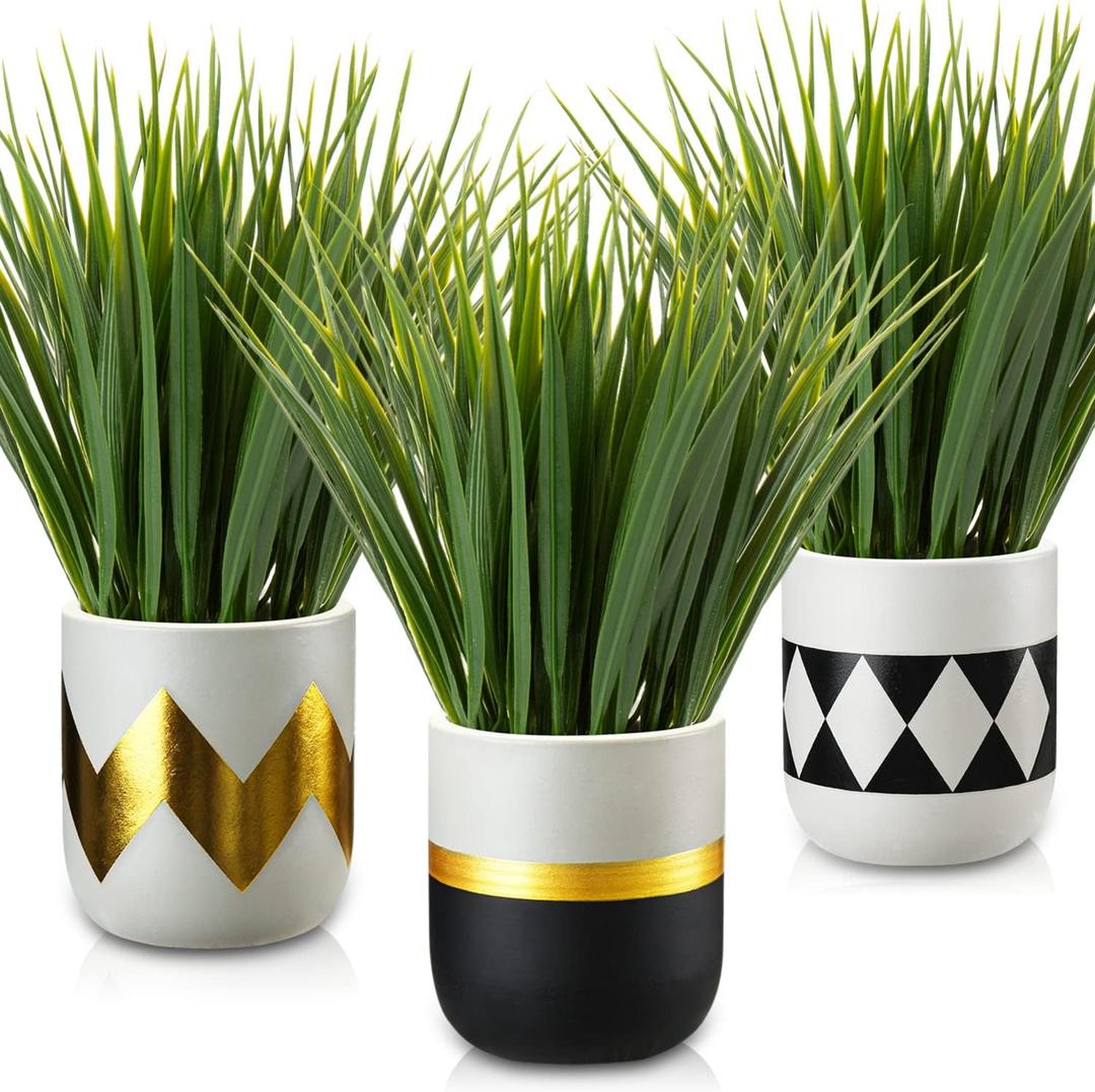 Artificial Plants Small Faux Plant Decor 3Pcs Fake Potted Plant Faux Plants in Pots Fake Grass Pot for Home Table Office Desk Room Bathroom House Indoor Decorative Gifts (Bright Lush Look-3pcs)