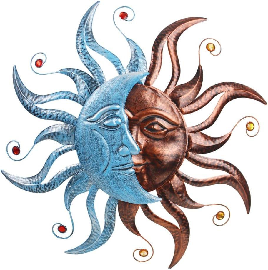 VEWOGARDEN Metal Sun and Moon Wall Decor, 27.6" Large Outdoor Wall Art for Living Room Bedroom Kitchen Farmhouse Patio Decorations (Blue-brown)