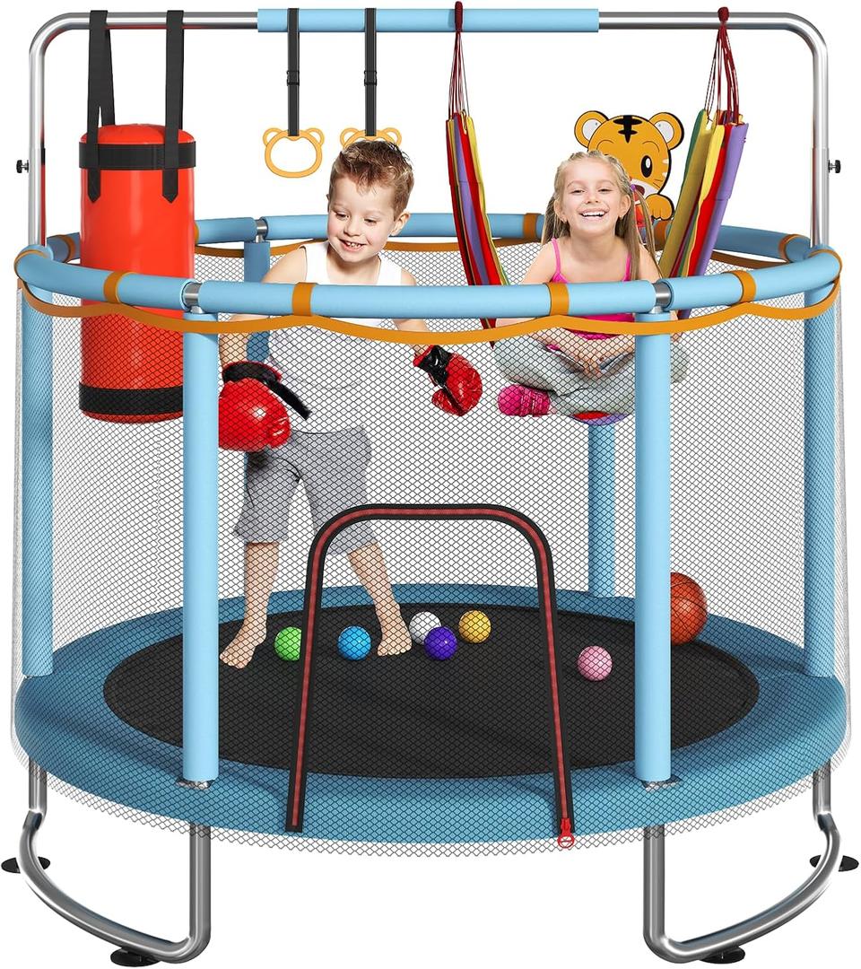 Trampoline for Kids, Upgrade Full Anti-Rust 440lbsToddler Trampoline with Net, Upgraded Ring Legs with Adjustable Gymnastics Bar&Toys, Gifts for Ages 1-8 Boys&Girls (55'', Blue)
