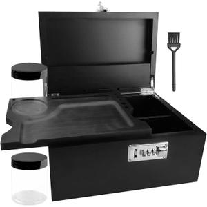 Large Bamboo Storage Box with Lock, Decorative Box Set Includes Jars & brush Black