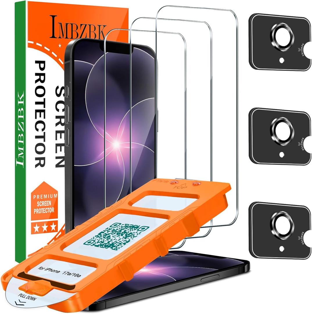 IMBZBK [Auto-Dust Removal] 3 Pack Screen Protector for iPhone 17e / iPhone 16e Accessories, Case Friendly Film, Military Grade Shatterproof Tempered Glass 3 Camera Lens Protector, Easy Installation