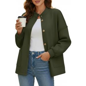 Disamer Jackets for Women Fall Fashion 2026 Casual Bomber Jacket Varsity Lantern Long Sleeve Outerwear Button Down Coat (Green, M)