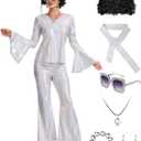 70s Disco Costume for Women-Disco Outfit with Sequin Top & Bell Bottoms,Wig,Earrings,glasses,Necklace,Headband, (Silver, Large)