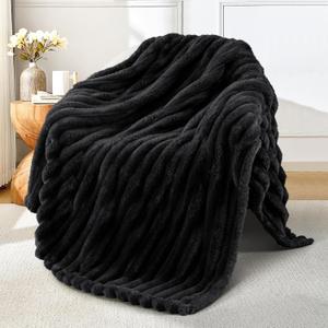 Exclusivo Mezcla Fleece Throw Blanket for Couch, Super Soft Striped Jacquard Bed Blanket, Lightweight Fuzzy Cozy for All Seasons, 50x60 Inches, Black