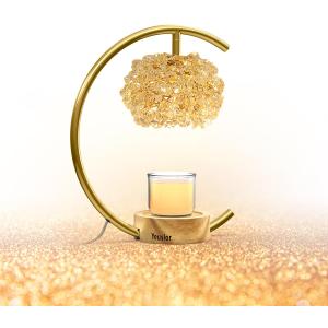 Gold Candle Warmer Lamp for Jar Candles with Adjustable BrightnessTimerHandcrafted CrystalWooden Base, Luxurious Design,Home Decoration Electric Candle lamp(C-Shaped)