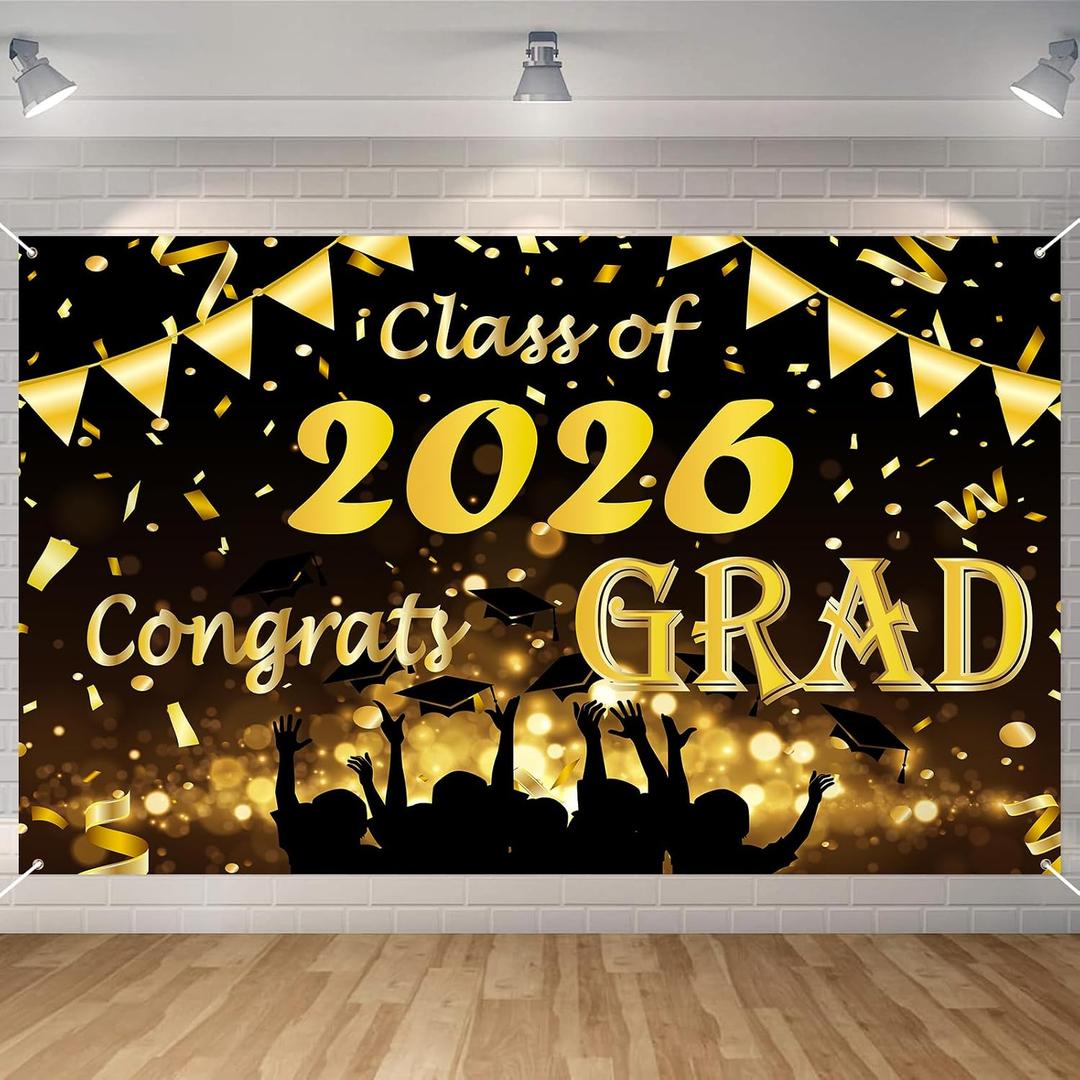 2 x Class of 2026 Graduation Decorations, Seutgjie Black and Gold 70.9 * 43.3 Inch Polyester Congrats Grad Backdrop for Kindergarten Elementary Middle High School and College Graduation