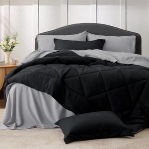 Bedsure Dark Black Queen Comforter Set - 7 Pieces Reversible Queen Bed in a Bag, Bed Set Dark Black and Grey with Comforters, Sheets, Pillowcases & Shams
