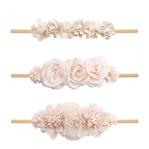 Baby Girl Nylon Headbands Flower Hair Bows Accessories-Elastic Hair Band Crown Handmade Floral Wraps Birthday Gifts for Girls Newborn Infant Toddler 3Pcs (Beige)