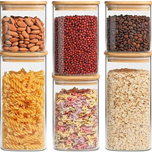 ComSaf Airtight Glass Storage Canister with Lids (33oz) Set of 4, Clear Food Storage Container Kitchen Pantry Storage Jar, Glass Jars for Flour Cereal Sugar Tea Coffee Beans Snacks, Square