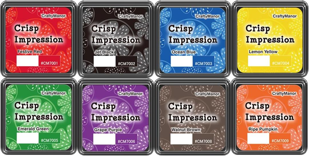 CraftyManor Crisp Impression Mini 8 Color Pigment Ink Pads for Stamps, Fingerprint InkPads, Stamp Pad for Scrapbook Paper & Wood & Clothing & Letter & Archival