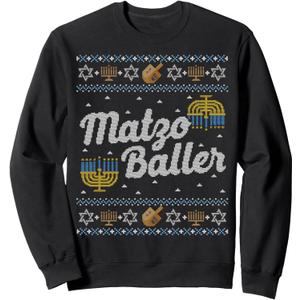 Funny Ugly Hanukkah Sweater Long Sleeve Matzo Baller Matzah Sweatshirt, Blacl, Large