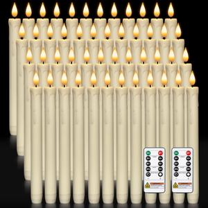 Homemory 48 Pcs Plastic Flameless Taper Candles with Remote Timer Dimmer, Taper Candles Battery Operated with Flickering Light, Ivory Led Candlesticks for Wedding Party Holiday Decoration 9.6 Inches