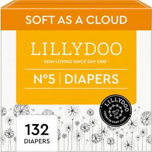 LILLYDOO Baby Diapers - Size 5 (24+ lbs), Monthly Supply (132 Count), Leak Protection, Skin-Friendly, Ultrasoft, Perfume- & Chlorine-Free, Hypoallergenic, Dermatologist Tested, Oeko-TEX