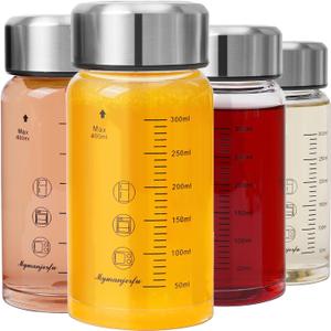Glass Juice Bottles 4 Pack 12 oz - Wide Mouth Glass Water Bottles with Lids - for Juicing, Smoothies, Milk, Protein, BPA Free, Reusable, Stainless Steel Lids, Leak Proof, Shaker bottle (400 ml)