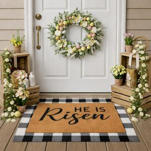 Drydiet 2 Pcs Easter Layered Coir Doormat Set He is Risen Welcome Front Door Mat with Black and White Buffalo Plaid Outdoor Rug Non Slip Porch Entryway Rug for Indoor Outdoor Farmhouse Decor
